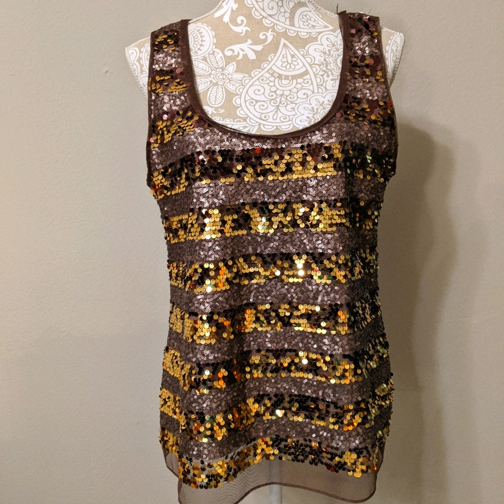 NWT Elie Tahari Bronze Brown Sequin Kiki Tank Top Sz L